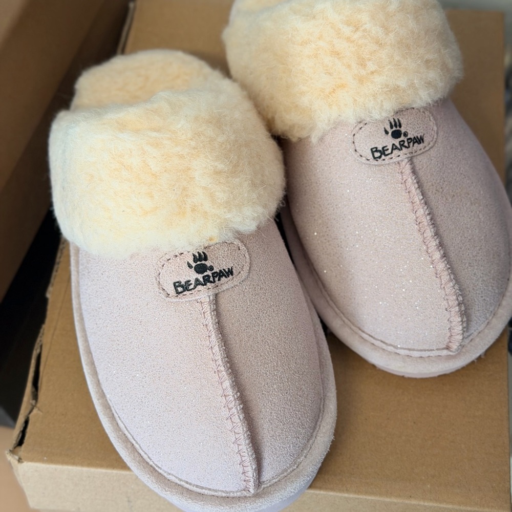 BearPaw Light Pink Slippers with Cream Fur